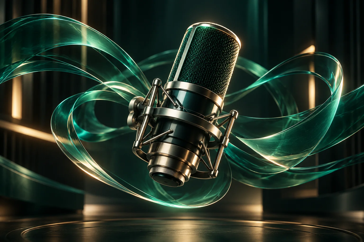 Original audio concept: a chrome microphone with luminous teal glass sound ribbons