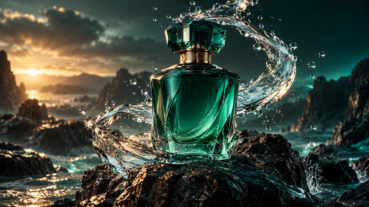 Luxury product campaign concept with emerald glass and suspended water