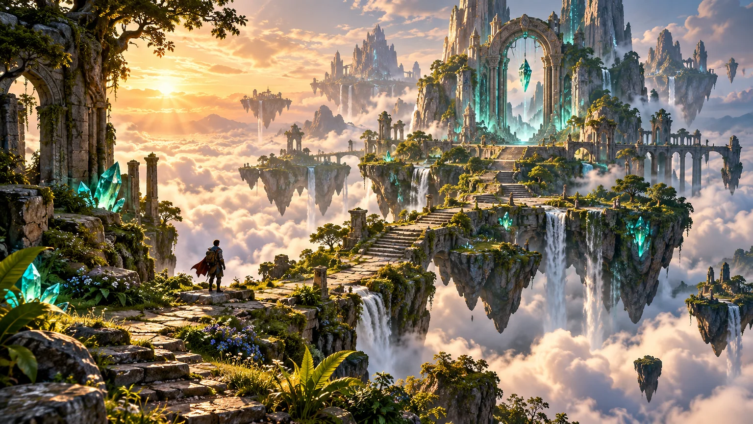 Original 3D exploration world concept with floating emerald islands